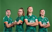 8 April 2022; Players, from left, Abbie Larkin, Izzy Atkinson, Kyra Carusa and Jessica Ziu during a Republic of Ireland Women squad portrait session at Castleknock Hotel in Dublin. Photo by Stephen McCarthy/Sportsfile