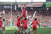 9 April 2022; Rory Arnold of Toulouse and Kieran Treadwell of Ulster during the Heineken Champions Cup Round of 16 first leg match between Toulouse and Ulster at Stade Ernest Wallon in Toulouse, France. Photo by Manuel Blondeau/Sportsfile