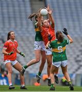 10 April 2022; Niamh Marley of Armagh and Lorraine Scanlon of Kerry cont a kickout during the Lidl Ladies Football National League Division 2 Final between Armagh and Kerry at Croke Park in Dublin. Photo by Brendan Moran/Sportsfile