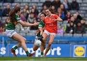 10 April 2022; Aimee Mackin of Armagh in action against Kayleigh Cronin and Julie O'Sullivan of Kerry during the Lidl Ladies Football National League Division 2 Final between Armagh and Kerry at Croke Park in Dublin. Photo by Brendan Moran/Sportsfile