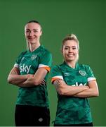 8 April 2022; Denise O'Sullivan, right, and Louise Quinn during a Republic of Ireland Women squad portrait session at Castleknock Hotel in Dublin. Photo by Stephen McCarthy/Sportsfile
