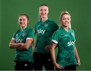 8 April 2022; Players, from left, Ellen Molloy, Louise Quinn and Denise O'Sullivan during a Republic of Ireland Women squad portrait session at Castleknock Hotel in Dublin. Photo by Stephen McCarthy/Sportsfile