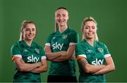 8 April 2022; Players, from left, Ellen Molloy, Louise Quinn and Denise O'Sullivan during a Republic of Ireland Women squad portrait session at Castleknock Hotel in Dublin. Photo by Stephen McCarthy/Sportsfile