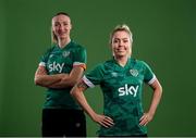 8 April 2022; Denise O'Sullivan, right, and Louise Quinn during a Republic of Ireland Women squad portrait session at Castleknock Hotel in Dublin. Photo by Stephen McCarthy/Sportsfile