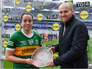 10 April 2022; Danielle O'Leary of Kerry is presented with the Lidl Player of the Match by Lidl Ireland and Northern Ireland senior partnerships manager Joe Mooney after the Lidl Ladies Football National League Division 2 Final between Armagh and Kerry at Croke Park in Dublin. Photo by Brendan Moran/Sportsfile