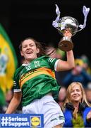 10 April 2022; Kerry captain Anna Galvin lifts the cup after her side's victory in the Lidl Ladies Football National League Division 2 Final between Armagh and Kerry at Croke Park in Dublin. Photo by Piaras Ó Mídheach/Sportsfile