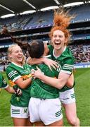 10 April 2022; Louise Ní Mhuircheartaigh of Kerry, right, celebrates with teammates after their side's victory in the Lidl Ladies Football National League Division 2 Final between Armagh and Kerry at Croke Park in Dublin. Photo by Piaras Ó Mídheach/Sportsfile