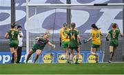 10 April 2022; Meath goalkeeper Monica McGuirk saves a shot on goal from Geraldine McLaughlin of Donegal, not pictured, during the Lidl Ladies Football National League Division 1 Final between Donegal and Meath at Croke Park in Dublin. Photo by Piaras Ó Mídheach/Sportsfile