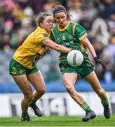 10 April 2022; Niamh O'Sullivan of Meath shoots to score her side's second goal, under pressure from Tara Hegarty of Donegal, during the Lidl Ladies Football National League Division 1 Final between Donegal and Meath at Croke Park in Dublin. Photo by Piaras Ó Mídheach/Sportsfile