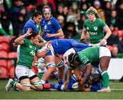10 April 2022; Sara Tounesi of Italy contests the ball with Linda Djougang of Ireland during the Tik Tok Women's Six Nations Rugby Championship match between Ireland and Italy at Musgrave Park in Cork. Photo by Eóin Noonan/Sportsfile