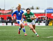 10 April 2022; Lucy Mulhall of Ireland on her way to scoring her side's first try during the Tik Tok Women's Six Nations Rugby Championship match between Ireland and Italy at Musgrave Park in Cork. Photo by Eóin Noonan/Sportsfile