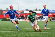 10 April 2022; Lucy Mulhall of Ireland on her way to scoring her side's first try during the Tik Tok Women's Six Nations Rugby Championship match between Ireland and Italy at Musgrave Park in Cork. Photo by Eóin Noonan/Sportsfile
