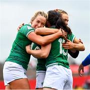 10 April 2022; Lucy Mulhall of Ireland, centre, celebrates with teammates Stacey Flood, left, and Dorothy Wall after scoring their side's first try during the Tik Tok Women's Six Nations Rugby Championship match between Ireland and Italy at Musgrave Park in Cork. Photo by Eóin Noonan/Sportsfile