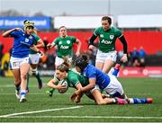10 April 2022; Beibhinn Parsons of Ireland is tackled by Sara Tounesi of Italy during the Tik Tok Women's Six Nations Rugby Championship match between Ireland and Italy at Musgrave Park in Cork. Photo by Eóin Noonan/Sportsfile