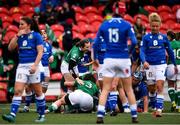 10 April 2022; Eve Higgins of Ireland celebrates with teammates including Christy Haney, 3, after her side scored their third try during the Tik Tok Women's Six Nations Rugby Championship match between Ireland and Italy at Musgrave Park in Cork. Photo by Eóin Noonan/Sportsfile