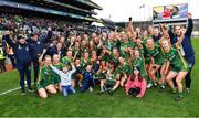 10 April 2022; Meath players and backroom team celebrate after their side's victory in the Lidl Ladies Football National League Division 1 Final between Donegal and Meath at Croke Park in Dublin. Photo by Piaras Ó Mídheach/Sportsfile