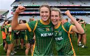 10 April 2022; Meath players Ashling McCabe, left, and Mary Kate Lynch celebrate after their side's victory in the Lidl Ladies Football National League Division 1 Final between Donegal and Meath at Croke Park in Dublin. Photo by Piaras Ó Mídheach/Sportsfile