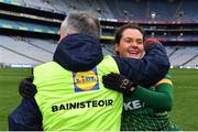 10 April 2022; Niamh Gallogly of Meath celebrates with her manager Eamonn Murray after their side's victory in the Lidl Ladies Football National League Division 1 Final between Donegal and Meath at Croke Park in Dublin. Photo by Piaras Ó Mídheach/Sportsfile
