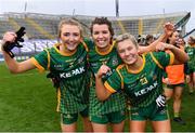 10 April 2022; Meath players, from left, Aoibheann Leahy, Orla Byrne and Kelsey Nesbitt celebrate after their side's victory in the Lidl Ladies Football National League Division 1 Final between Donegal and Meath at Croke Park in Dublin. Photo by Piaras Ó Mídheach/Sportsfile
