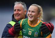 10 April 2022; Vikki Wall of Meath celebrates with manager Eamonn Murray after the Lidl Ladies Football National League Division 1 Final between Donegal and Meath at Croke Park in Dublin. Photo by Brendan Moran/Sportsfile