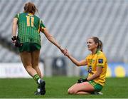 10 April 2022; Niamh Carr of Donegal is consoled by Aoibheann Leahy of Meath after the Lidl Ladies Football National League Division 1 Final between Donegal and Meath at Croke Park in Dublin. Photo by Brendan Moran/Sportsfile