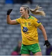 10 April 2022; Yvonne Bonner of Donegal celebrates after a point by teammate Geraldine McLaughlin during the Lidl Ladies Football National League Division 1 Final between Donegal and Meath at Croke Park in Dublin. Photo by Brendan Moran/Sportsfile