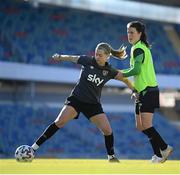 10 April 2022; Ruesha Littlejohn, left, and Niamh Fahey during a Republic of Ireland women training session at the Gamla Ullevi Stadium in Gothenburg, Sweden. Photo by Stephen McCarthy/Sportsfile