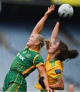 10 April 2022; Vikki Wall of Meath and Tanya Kennedy of Donegal contest a kickout during the Lidl Ladies Football National League Division 1 Final between Donegal and Meath at Croke Park in Dublin. Photo by Brendan Moran/Sportsfile