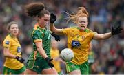 10 April 2022; Emma Duggan of Meath in action against Evelyn McGinley of Donegal during the Lidl Ladies Football National League Division 1 Final between Donegal and Meath at Croke Park in Dublin. Photo by Brendan Moran/Sportsfile