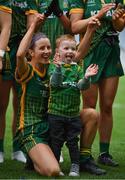 10 April 2022; Niamh O'Sullivan of Meath celebrates with her nephew Devin Eccles after the Lidl Ladies Football National League Division 1 Final between Donegal and Meath at Croke Park in Dublin. Photo by Brendan Moran/Sportsfile