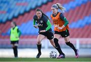 10 April 2022; Denise O'Sullivan and Kyra Carusa, left, during a Republic of Ireland women training session at the Gamla Ullevi Stadium in Gothenburg, Sweden. Photo by Stephen McCarthy/Sportsfile