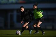 10 April 2022;  Harriet Scott and Abbie Larkin, right, during a Republic of Ireland women training session at the Gamla Ullevi Stadium in Gothenburg, Sweden. Photo by Stephen McCarthy/Sportsfile