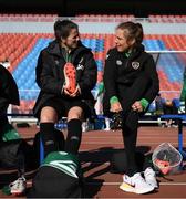 10 April 2022; Niamh Fahey, left, and Grace Moloney before a Republic of Ireland women training session at the Gamla Ullevi Stadium in Gothenburg, Sweden. Photo by Stephen McCarthy/Sportsfile