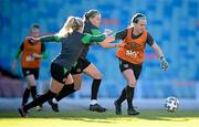 10 April 2022; Ciara Grant with Ruesha Littlejohn and Denise O'Sullivan, left, during a Republic of Ireland women training session at the Gamla Ullevi Stadium in Gothenburg, Sweden. Photo by Stephen McCarthy/Sportsfile