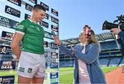 11 April 2022; Bord Gáis Energy ambassador Gearóid Hegarty pictured at the launch of Bord Gáis Energy’s The Gift of the GAAB at Croke Park, where he is interviewed on the pitch by a fan Sharon Mannion aiming to become Ireland’s next top pundit. The Gift of the GAAB is a first-of-its-kind talent show that will search Ireland to find the best amateur pundits and give them a platform to showcase their talents. People of all ages and from all parts of the country are encouraged to take part. If you would like to find out more or you know someone who is hurling mad and has The Gift of the GAAB, contact bge@giftofthegaab.ie. 2022 marks the sixth year of Bord Gáis Energy’s sponsorship of the GAA Hurling All-Ireland Senior Championship. Photo by Brendan Moran/Sportsfile