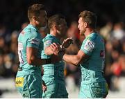 9 April 2022; Henry Slade and Stuart Hogg of Exeter Chiefs embrace during the Heineken Champions Cup Round of 16 first leg match between Exeter Chiefs and Munster at Sandy Park in Exeter, England. Photo by Harry Murphy/Sportsfile