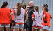 10 April 2022; Armagh manager Ronan Murphy speaks to his players before the Lidl Ladies Football National League Division 2 Final between Armagh and Kerry at Croke Park in Dublin. Photo by Brendan Moran/Sportsfile