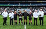 10 April 2022; Referee Garryowen McMahon with his match officials before the Lidl Ladies Football National League Division 1 Final between Donegal and Meath at Croke Park in Dublin. Photo by Brendan Moran/Sportsfile