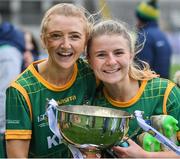 10 April 2022; Aoibheann Leahy, left, and Katie Newe of Meath celebrate with the cup after the Lidl Ladies Football National League Division 1 Final between Donegal and Meath at Croke Park in Dublin. Photo by Brendan Moran/Sportsfile