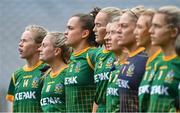 10 April 2022; Emma Duggan of Meath, third from left, and her teammates stand for Amhrán na bhFiann before the Lidl Ladies Football National League Division 1 Final between Donegal and Meath at Croke Park in Dublin. Photo by Brendan Moran/Sportsfile