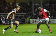 8 April 2022; James Abankwah of St Patrick's Athletic in action against Greg Sloggett of Dundalk during the SSE Airtricity League Premier Division match between St Patrick's Athletic and Dundalk at Richmond Park in Dublin. Photo by Ramsey Cardy/Sportsfile