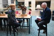 11 April 2022; Republic of Ireland manager Vera Pauw speaks to RTÉ's Tony O'Donoghue at the team hotel in Gothenburg, Sweden, ahead of their FIFA Women's World Cup 2023 Qualifier match against Sweden on Tuesday. Photo by Stephen McCarthy/Sportsfile