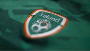 11 April 2022; A detailed view of the Republic of Ireland crest on their jersey at the team hotel in Gothenburg, Sweden, ahead of their FIFA Women's World Cup 2023 Qualifier match against Sweden on Tuesday. Photo by Stephen McCarthy/Sportsfile