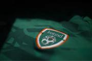 11 April 2022; A detailed view of the Republic of Ireland crest on their jersey at the team hotel in Gothenburg, Sweden, ahead of their FIFA Women's World Cup 2023 Qualifier match against Sweden on Tuesday. Photo by Stephen McCarthy/Sportsfile