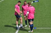 11 April 2022; Rónan Kelleher, left, and Andrew Porter with Tadhg Furlong during Leinster rugby squad training at Energia Park in Dublin. Photo by Brendan Moran/Sportsfile
