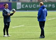 11 April 2022; James Lowe, left, and head coach Leo Cullen during Leinster rugby squad training at Energia Park in Dublin. Photo by Brendan Moran/Sportsfile