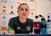 11 April 2022; Katie McCabe speaking during a Republic of Ireland Women press conference at Gamla Ullevi in Gothenburg, Sweden. Photo by Stephen McCarthy/Sportsfile