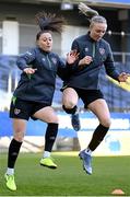 11 April 2022; Lucy Quinn, left and Louise Quinn during a Republic of Ireland Women training session at Gamla Ullevi in Gothenburg, Sweden. Photo by Stephen McCarthy/Sportsfile