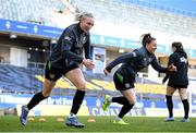 11 April 2022; Louise Quinn, left, and Lucy Quinn during a Republic of Ireland Women training session at Gamla Ullevi in Gothenburg, Sweden. Photo by Stephen McCarthy/Sportsfile