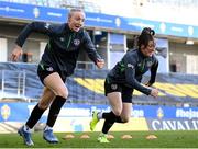 11 April 2022; Louise Quinn, left, and Lucy Quinn during a Republic of Ireland Women training session at Gamla Ullevi in Gothenburg, Sweden. Photo by Stephen McCarthy/Sportsfile
